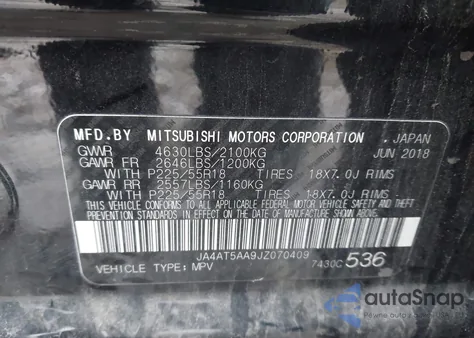 2018 Mitsubishi Eclipse Cross Se/Sel z USA, uszkodzony, nr VIN JA4AT5AA9JZ070409